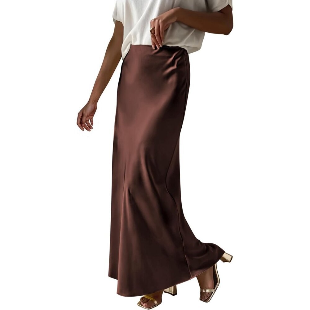 Women Deep Brown Maxi Dressy Casual Zipped High Waisted Silk Elegant Long Skirt